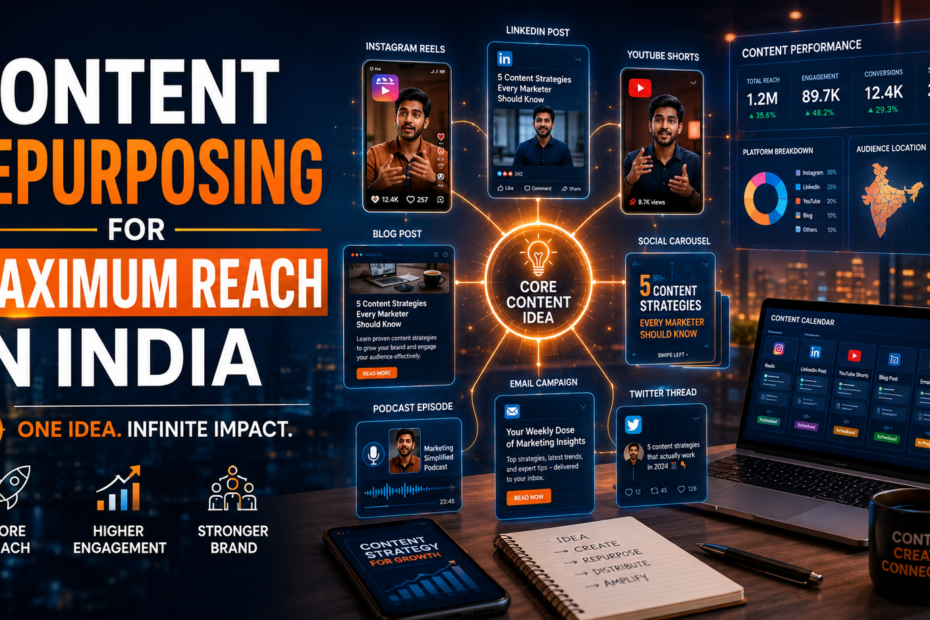 Content repurposing strategy showing blogs transformed into social media, videos, reels, and digital campaigns