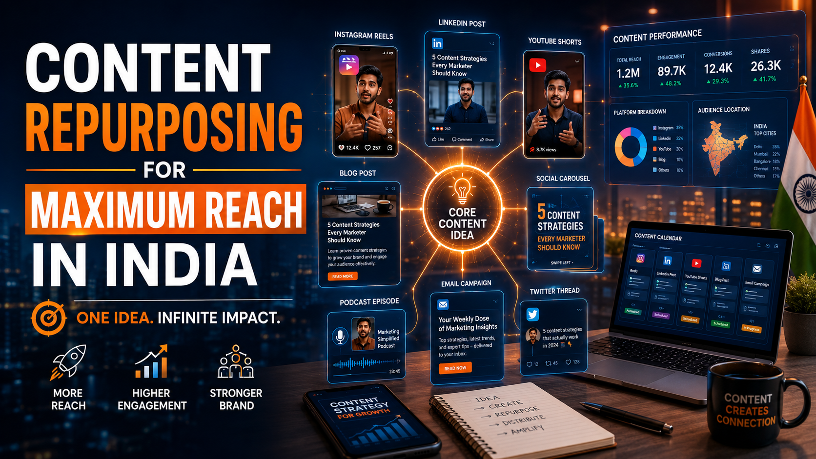 Content repurposing strategy showing blogs transformed into social media, videos, reels, and digital campaigns