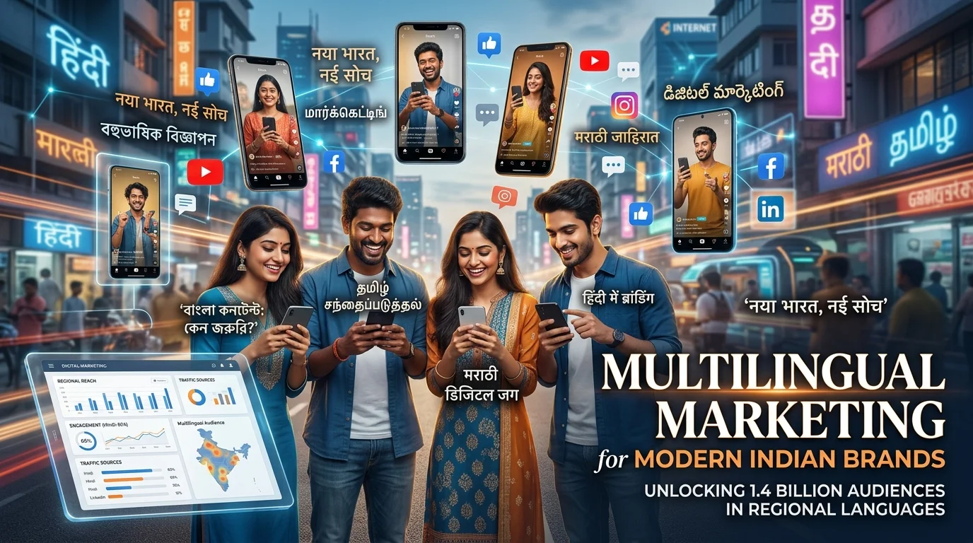 Multilingual marketing in India showing regional language digital content and Indian creator marketing