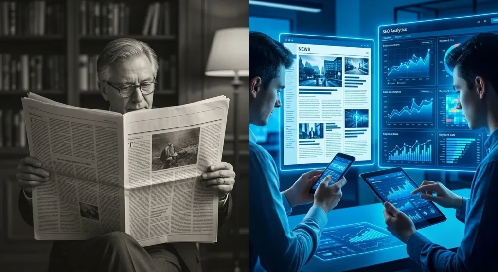 Comparison between traditional PR and digital PR showing print media, SEO backlinks, online publications, and digital marketing strategies