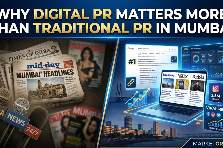 Digital PR vs traditional PR illustration showing SEO growth, online media coverage, and Mumbai business visibility