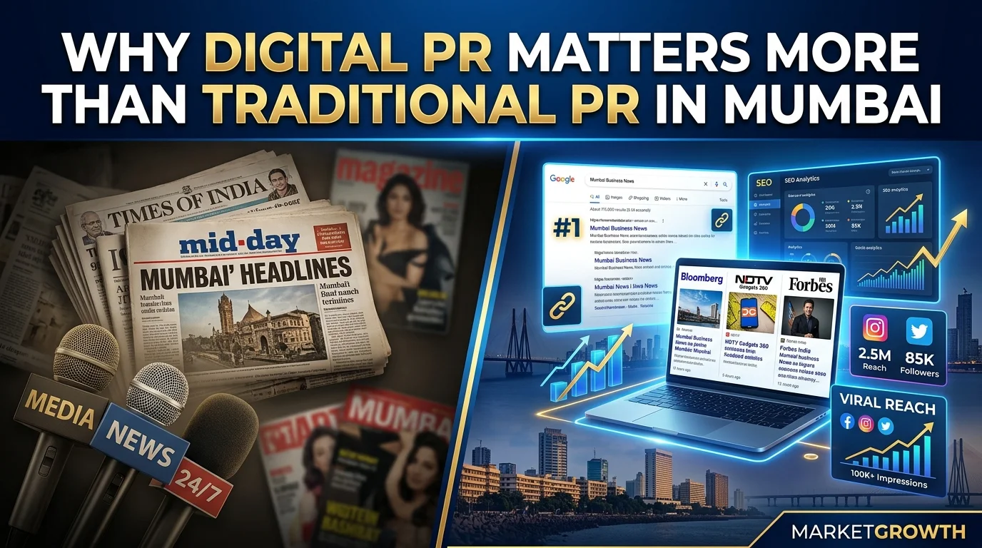 Digital PR vs traditional PR illustration showing SEO growth, online media coverage, and Mumbai business visibility